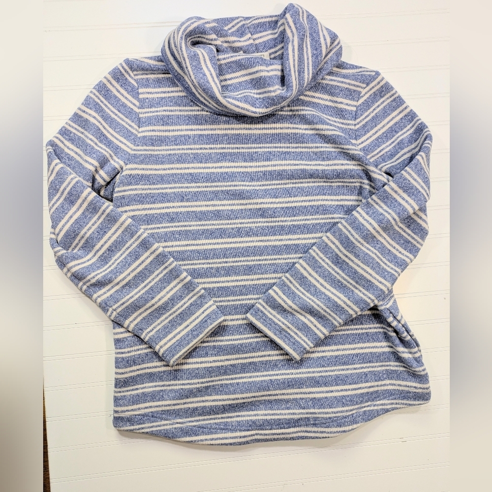 L.L. Bean Blue Striped Funnel Necked Sweater Fleece Pullover - Picture 2 of 4